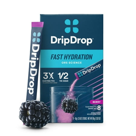 DripDrop Electrolyte Powder Drink Mix for Dehydration Relief Fast, Berry, 0.35 oz, 8 Count Packets