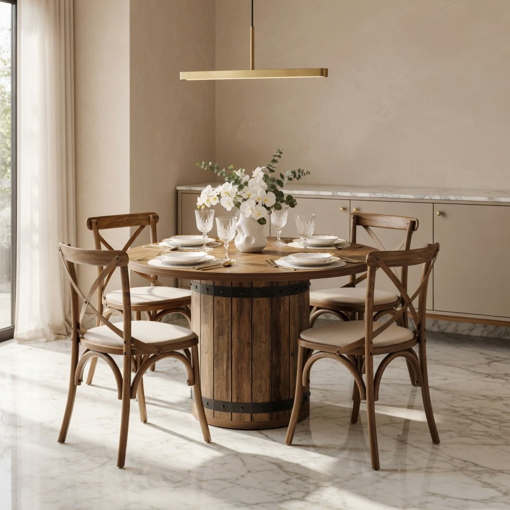 Hommoo 39.37 in Round Dining Table for 4, Farmhouse Kitchen Table with Fence Pedestal Base, MDF Construction, Easy Assembly, Rustic Brown