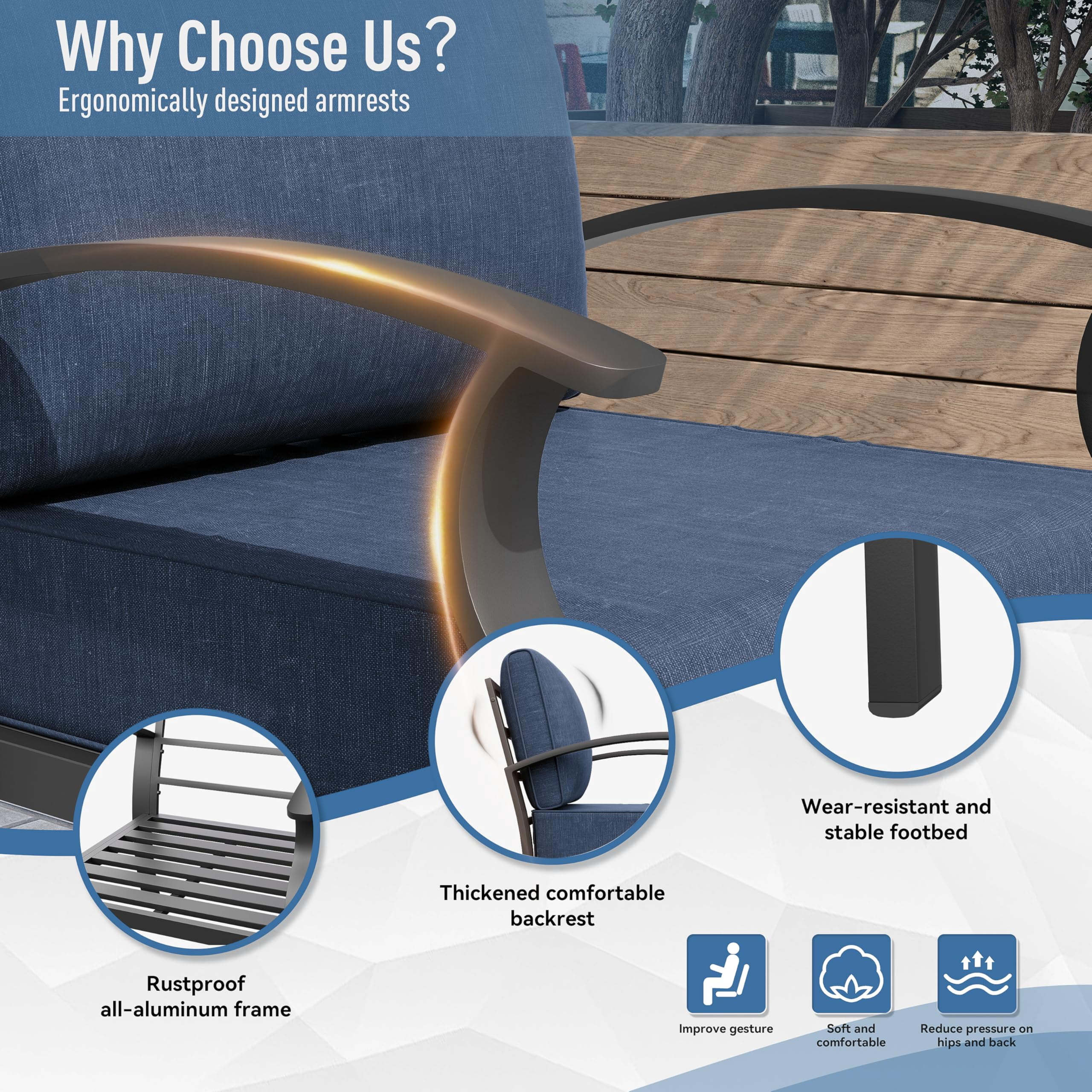 ALAULM Aluminum Patio Furniture Set 5-Seat Modern Outdoor Conversation Sets w/Swivel Rocking Chairs with Rectangular Coffee Table, Navy Blue