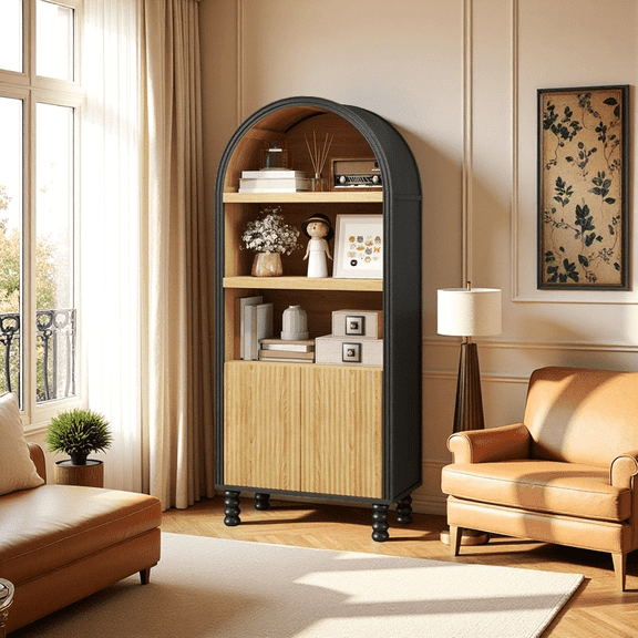 Erinnyees 66.7" Arched Storage Cabinet - Fluted Panel Door, Open Shelf, Versatile Pantry Cupboard for Kitchen, Living Room, Black