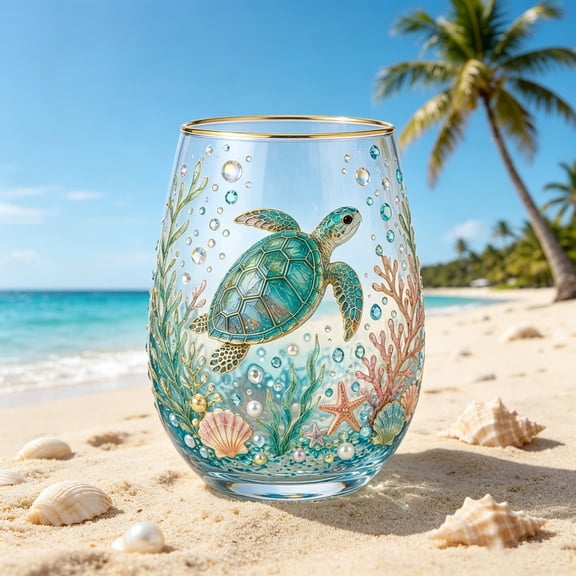 Cadancy Hand Painted Turtle Glass Cup with Gold Rim Wine Tumbler, Elegant Stemless Drinking Glassware for Juice Water Beverage Kitchen Bar Party Home Decor Holiday Gift