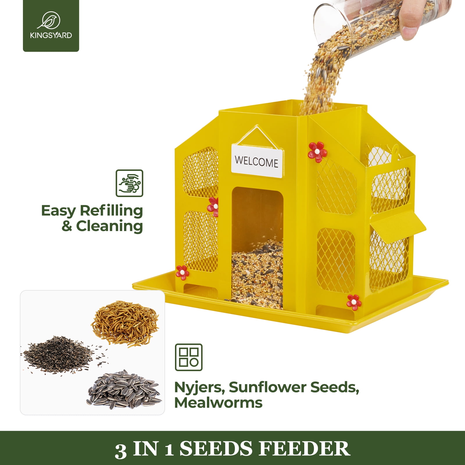 Kingsyard Metal Wild Bird Feeder House for Outdoor Hanging with Triple Feeders, Weatherproof, Yellow