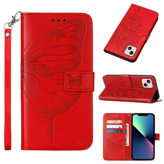 K-Lion Fit for Apple iPhone 14 Wallet Case with Wrist Strap,Drop Protection Flower & Butterfly Embossed Leather Magnetic Clasp Flip Stand Credit Card Slots Phone Cover,Red