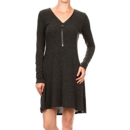- Charcoal Grey Long Sleeve Flared Mini Dress with V-neck Zipper Detail, Medium