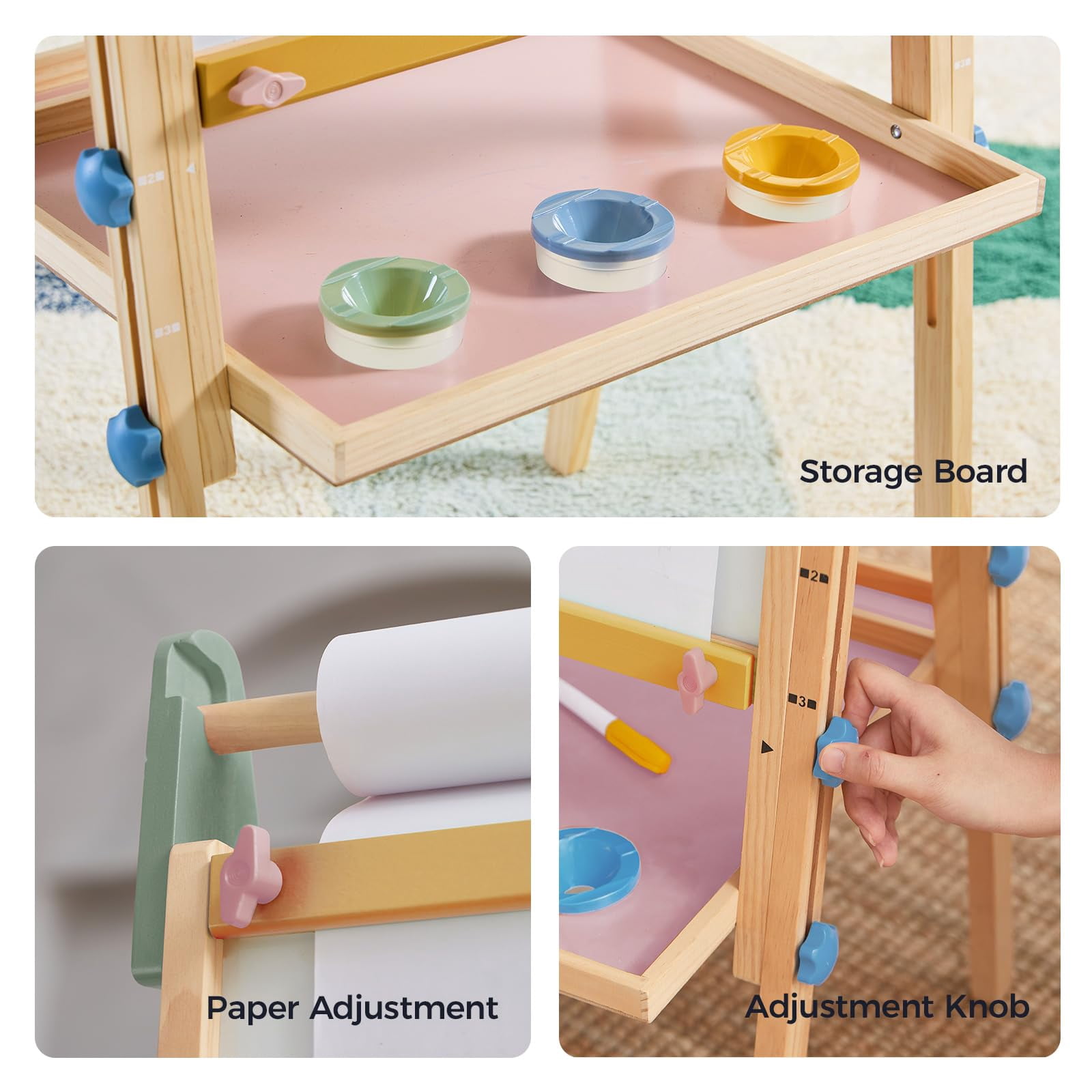 Tiny Land Easel for Kids, Adjustable Double-Sided Wooden Easel with Paper Roll, Whiteboard & Chalkboard, Multi-Functional Art Easel for 3-8 Years Old Boys & Girls