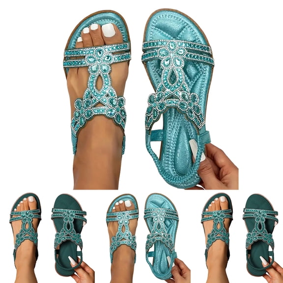 Pandaie Flat Sandals with Rhinestones for Women Wide Width Non Slip on Walking Sandal Jeweled Bohemian Casual Summer Beach Shoes Dark Green Size 6.5