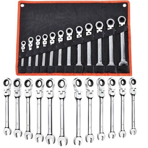 12PCS 8-19mm Metric Flexible Head Ratcheting Wrench Combination Spanner Tool Set 