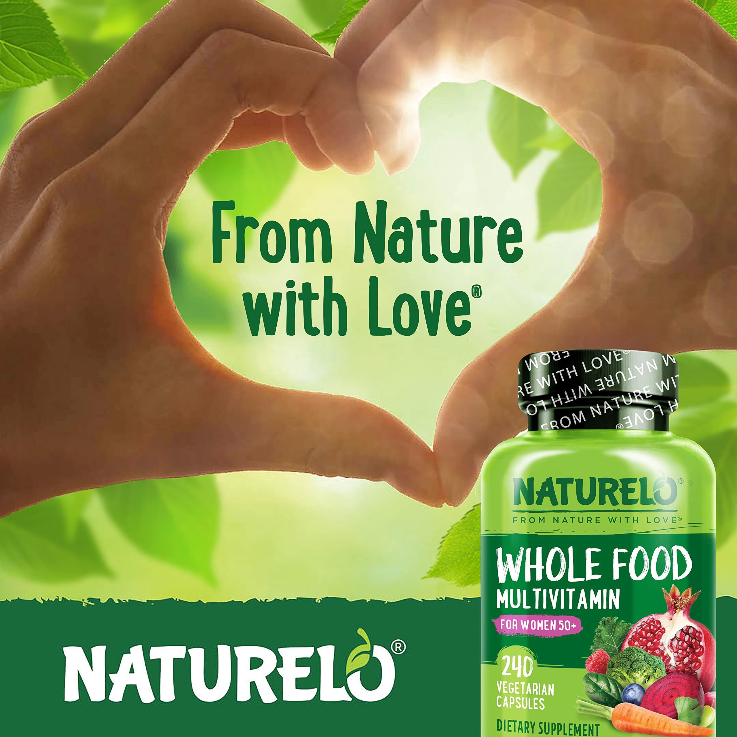 NATURELO Whole Food Multivitamin for Women 50+ (Iron Free) with Vitamins, Minerals, & Organic Extracts - Supplement for Post Menopausal Women Over 50 - No GMO - 240 Vegan Capsules