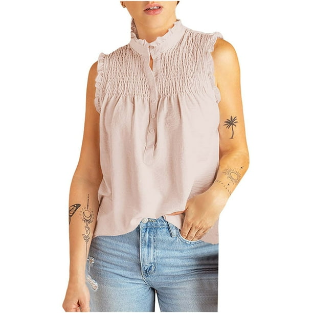 Moda Mujer Causal Cuello Alto Blusa Sólida Camiseta Sin Mangas Verano Botón Tops Fridja qr5696