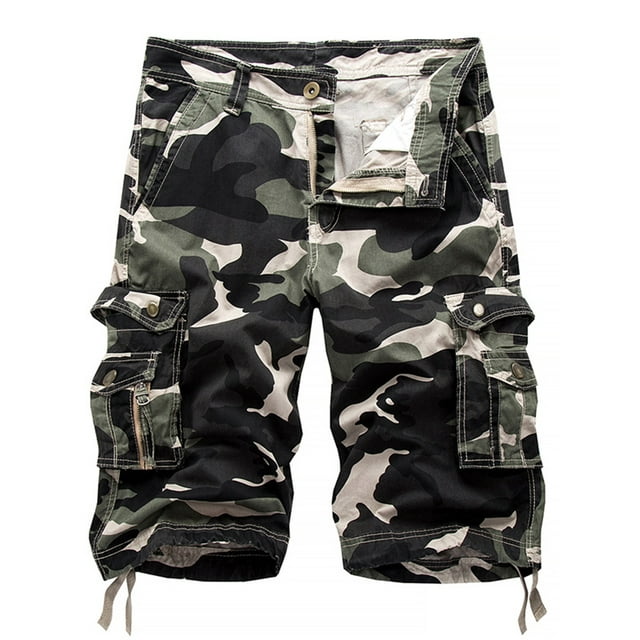 Fashnice Men Beach Shorts Mid Waist Summer Short Pants Button Bottoms Lounge Vacation Mini Trousers Light Army 36