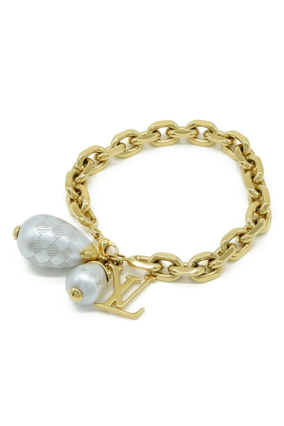 Pre-Owned LOUIS VUITTON Damier Pearl LV Chain Bracelet in GP with Faux Pearls and... (Good)
