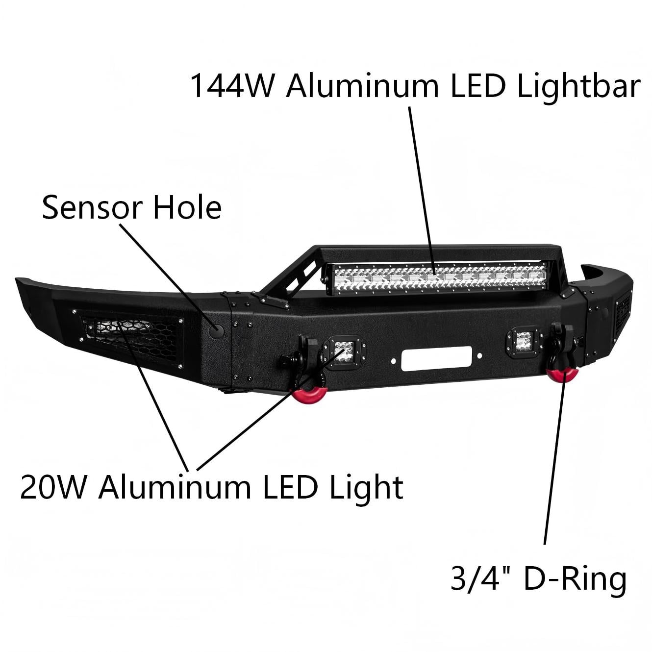Vijay Compatible with 2015-2016-2017-2018 RAM 1500 Rebel Front Bumper Textured Black Steel with Light and D-ring
