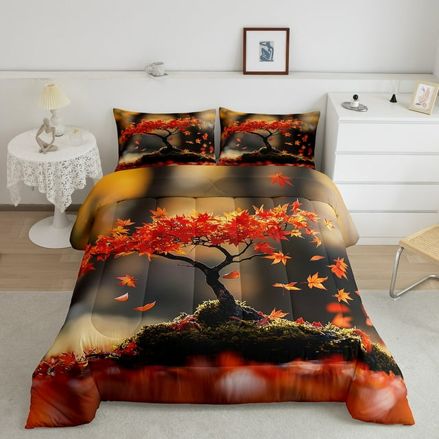 YST Ensemble de Couette Complète en Érable, Récolte d'Automne et d'Automne, Couette Chaude Réversible, Literie Feuilles d'Arbre pour Enfant Adolescent Adulte, Literie de l\'Action de Grâce Nature avec 2 Housses de Coussin