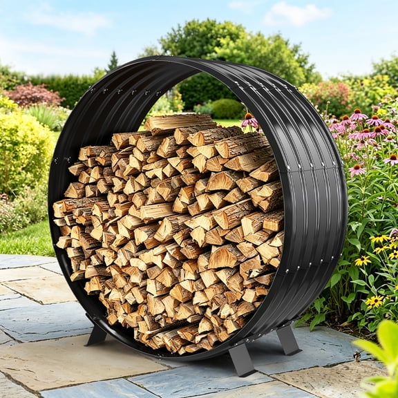 39IN Round Firewood Rack Outdoor Indoor, Heavy Duty Galvanized Steel Firewood Holder with Arched Roof, 500 lbs Fireplace Log Storage Rack for Patio, Deck, Porch, Backyard