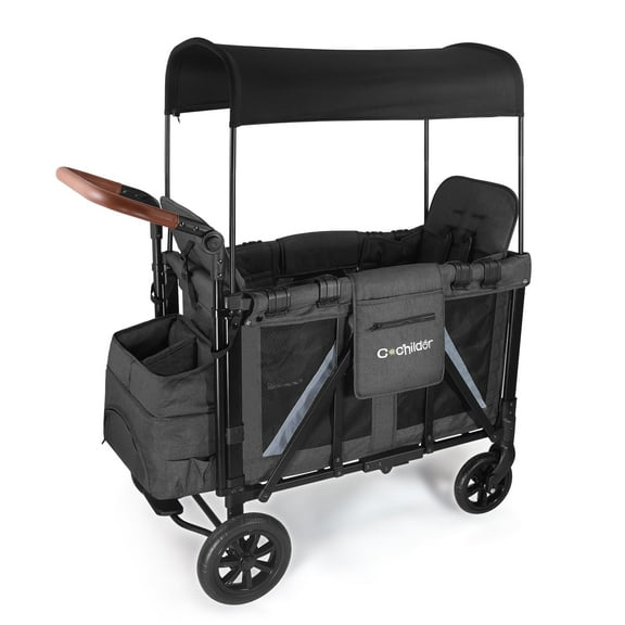 Cochildor Wagon Stroller for 2 Kids, Foldable Stroller Wagon with 2 High Seats, 5 Point Harness, Removable Canopy, Adjustable Handle Bar, Dark Grey