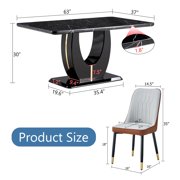 JUFU 63 Black Faux Marble Dining Table Set, 5-Piece Modern Dining Set with PU Leather Chairs and Metal Legs for Kitchen, Dining Room, Living Room