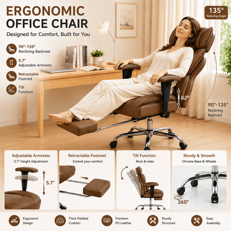Simple Deluxe Big and Tall Office Chair 350 lbs, PU Leather Executive Desk Chair with Footrest, Pocket Spring Cushion, Ergonomic Reclining Computer Chair for Home Office, Brown