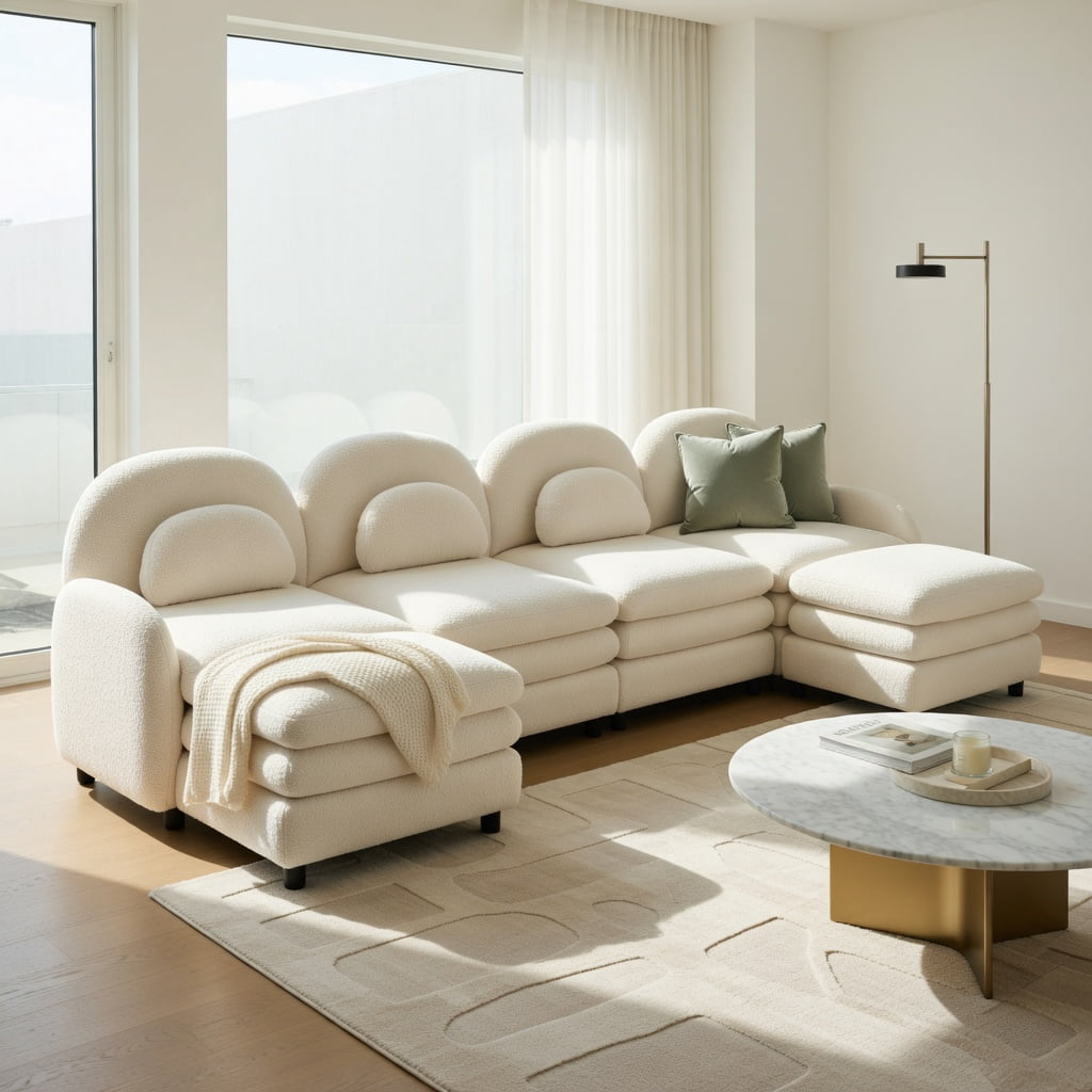 Hommoo Teddy Fleece 4-Seat Modular Sectional Sofa with Curved Backrest, Cloud-Like Double-Layer Cushions & 2 Movable Ottomans, Beige