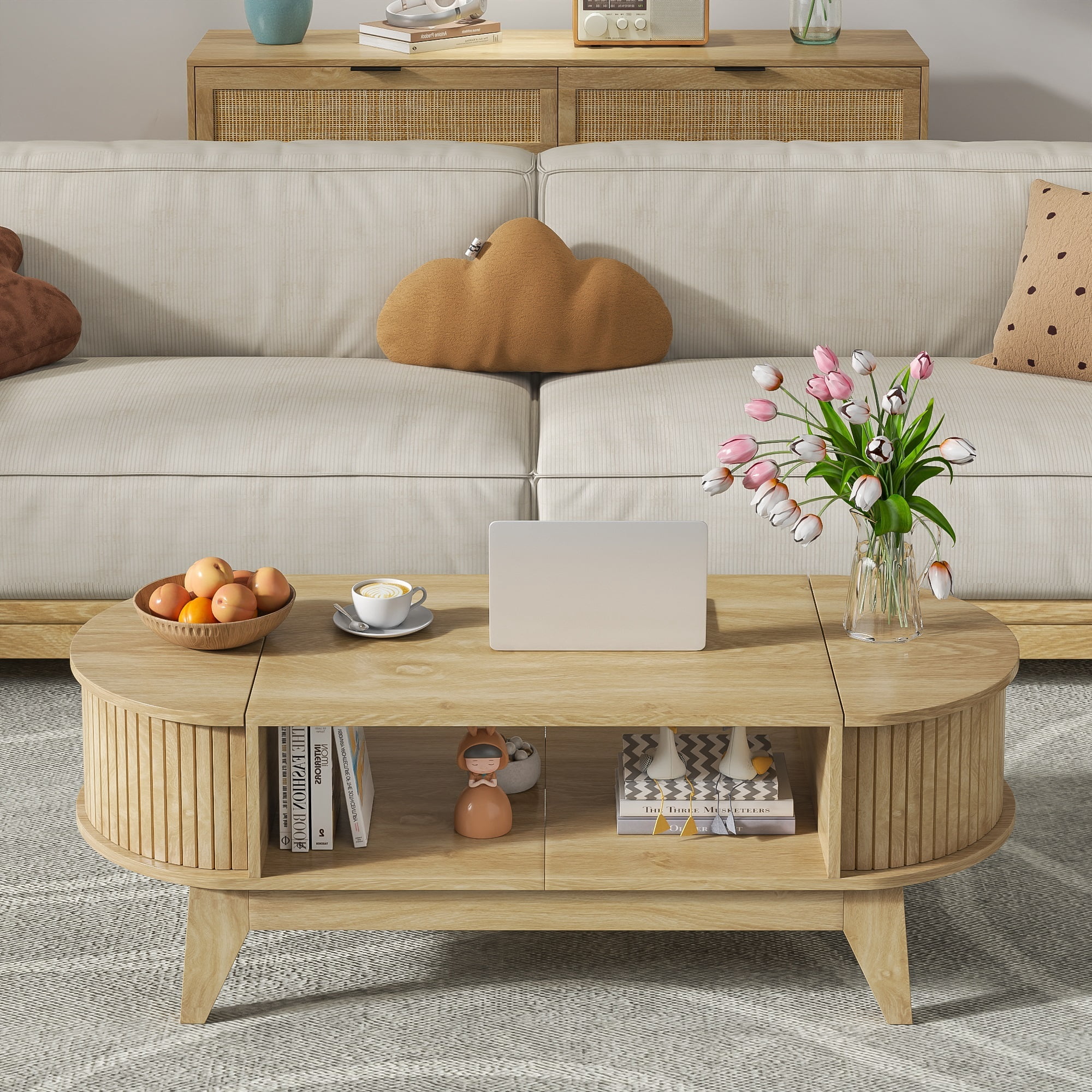 Coffee Table with 2 Hidden Compartment, Wooden Coffee Table with Open Shelf, Center Table for Living Room, Wood Color