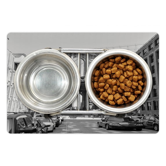 Landscape Pet Mat for Food and Water, Brooklyn New York Usa Landmark Bridge Street with Cars Photo, Non-Slip Rubber Mat for Dogs and Cats, 18" X 12", by Ambesonne