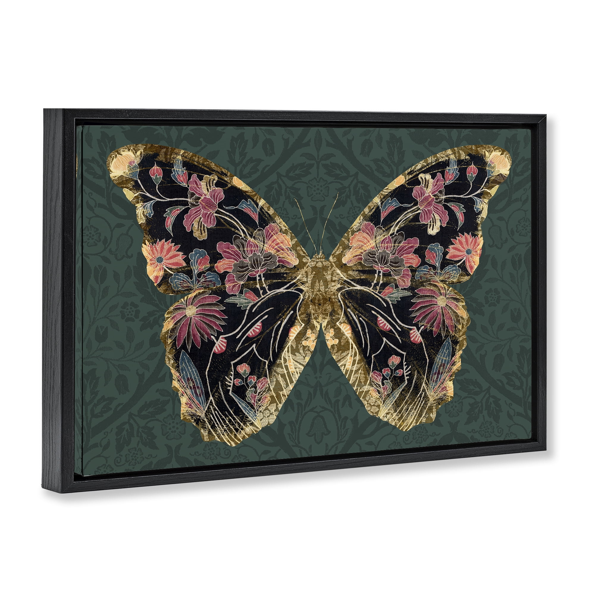 Stupell Industries Ornate Pattern Butterfly Animals Painting Black Floater Framed Canvas Art Print Wall Art, 25 x 17