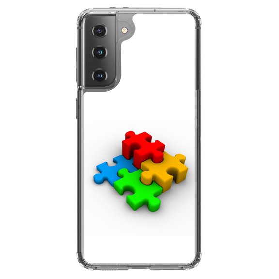 DistinctInk Clear Shockproof Hybrid Case for Galaxy S21 5G (6.2" Screen) - TPU Bumper, Acrylic Back, Tempered Glass Screen Protector - Red Blue Yellow 3D Puzzle Pieces - Austism Awareness