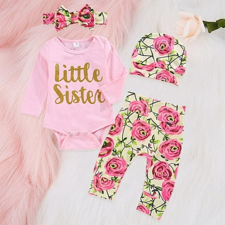 

SweetCandy Baby Girl Clothing Newborn Kids Baby Girls Outfits Clothes Romper Bodysuit+Rose Print Pants+Headband+Hat Set