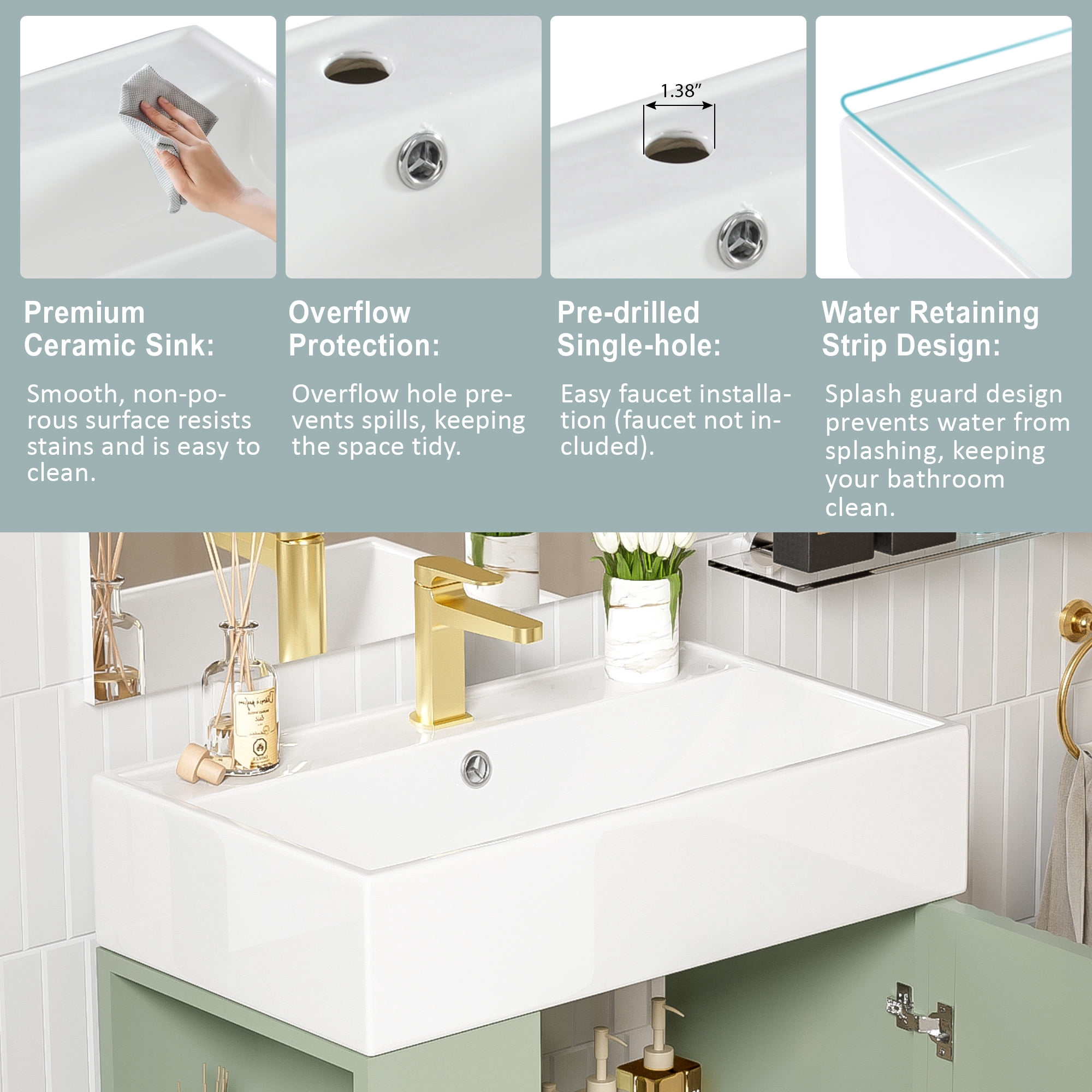 Euroco 21.6" Green Bathroom vanity, Combo Cabinet, Bathroom Storage Cabinet, Single Ceramic Sink, Left side storage