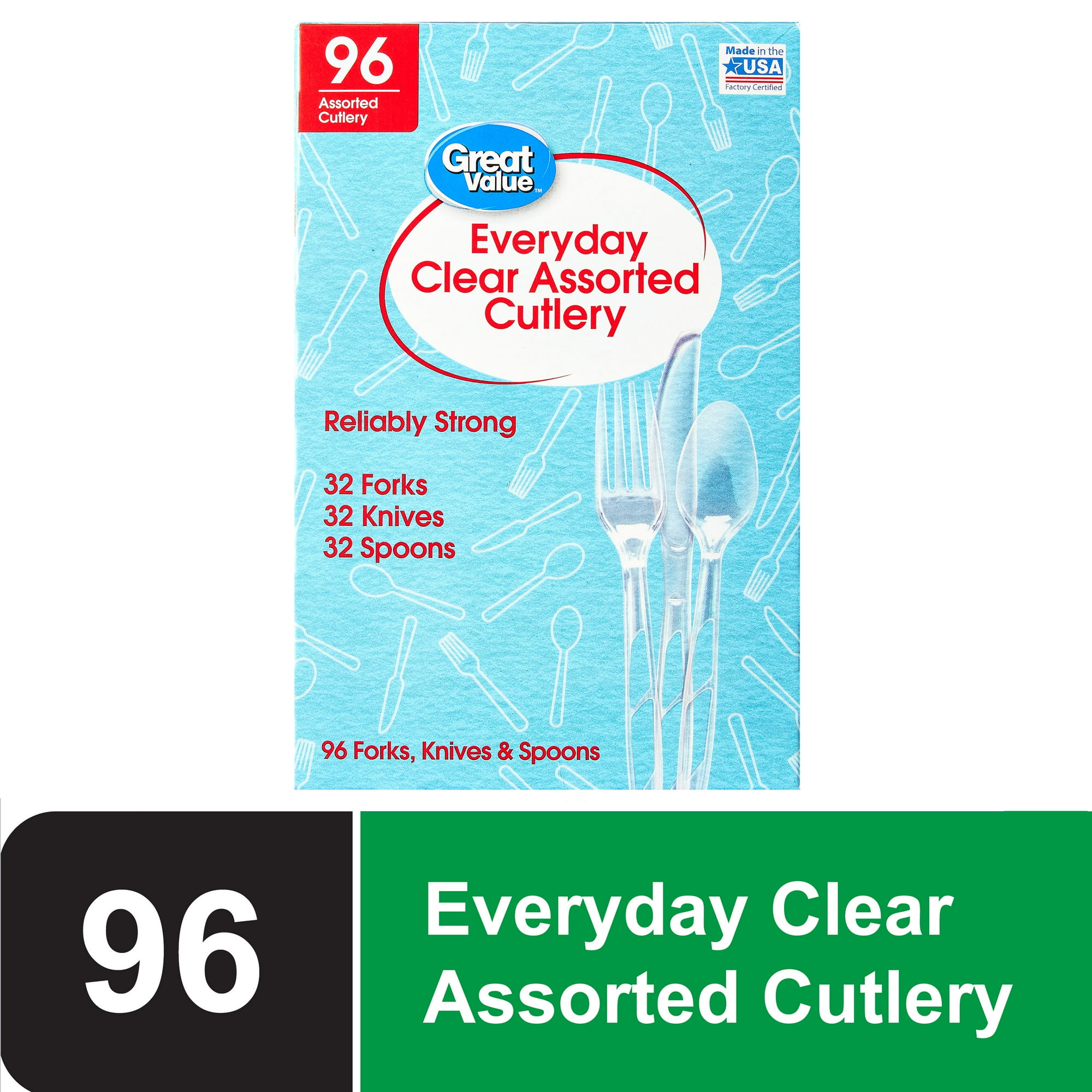 Great Value Everyday Clear Plastic Assorted Cutlery Set, 96 Count, 32 Forks, 32 Knives, 32 Spoons