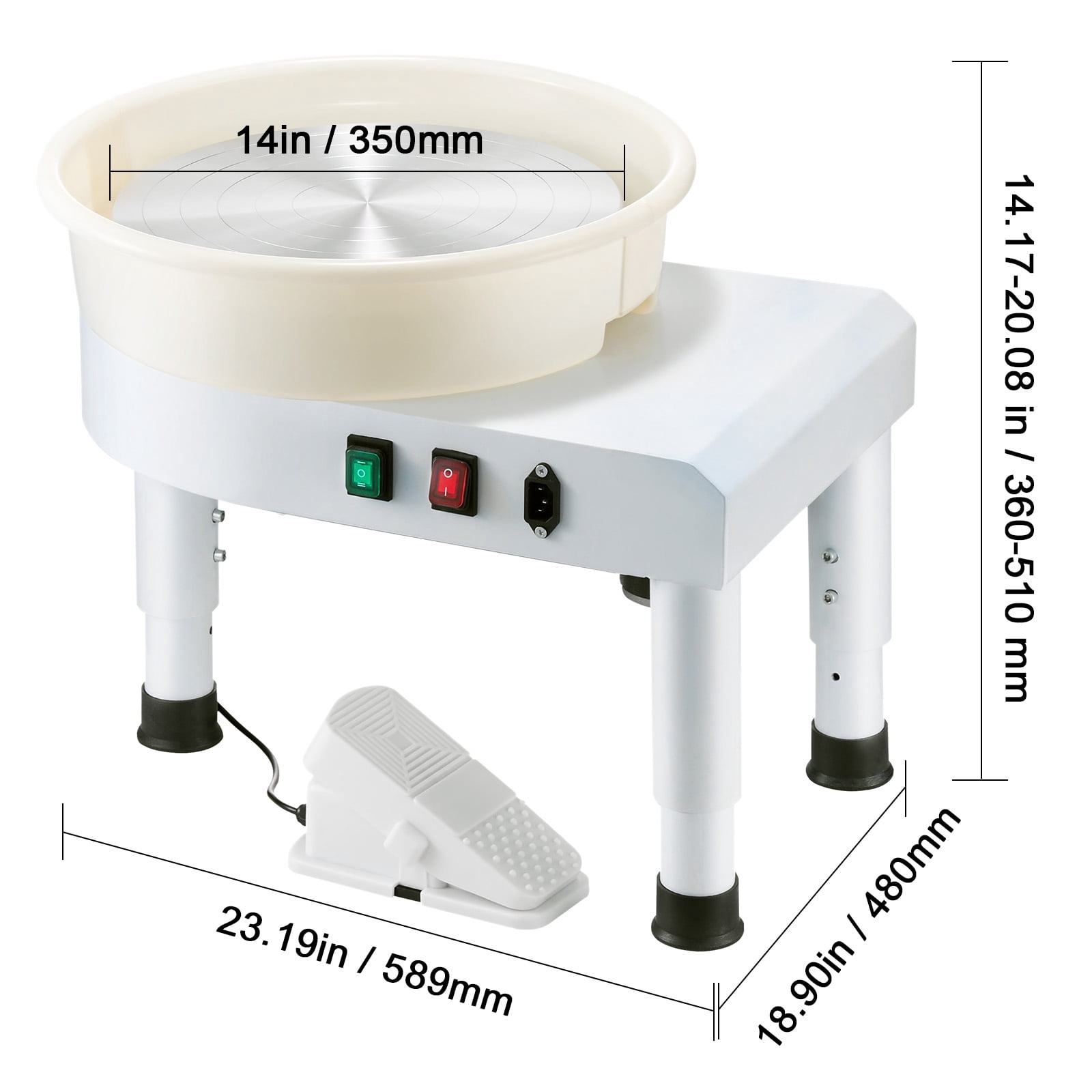 KFFKFF 14-Inch Pottery Wheel with Adjustable Speed, Foot Pedal Control, Height-Adjustable Legs, Detachable Basin, and Complete Tool Kit for DIY Ceramic Crafting, White