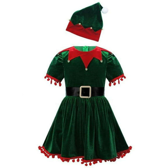 DHFJKG Christmas Elf Dresses For Women Velvet Short Sleeve Mini Dress With Hat 2 Piece Set Party Wear Comfort Outfit