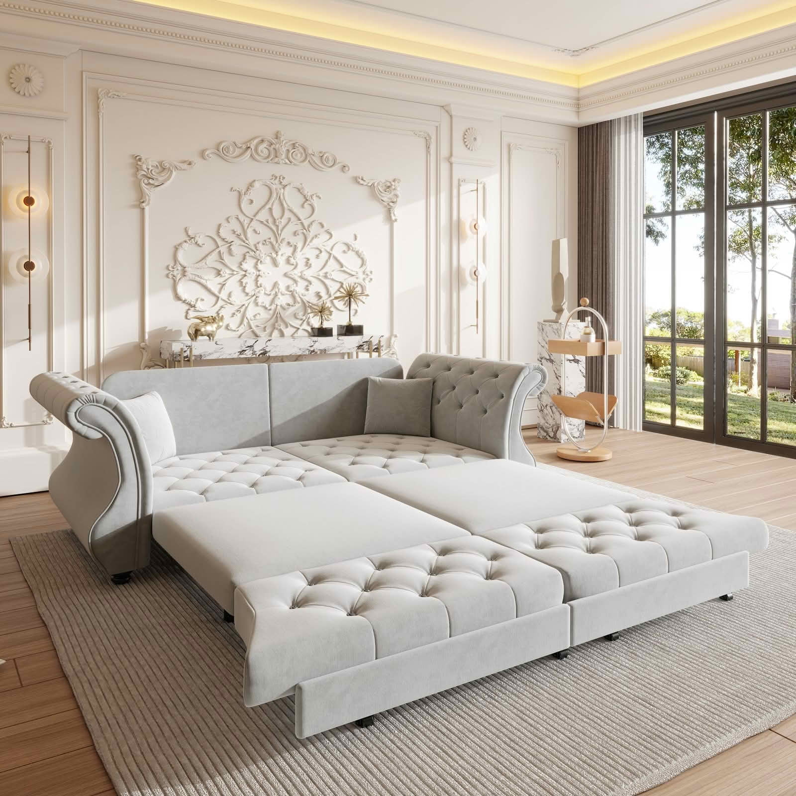 MAYEERTY 83.8" Chesterfield Pull‑Out Sofa Bed, Classic Roll‑Arm Velvet Couch with Flower Tufting, 2 Pillows Included for Living Room, Bedroom and Apartment