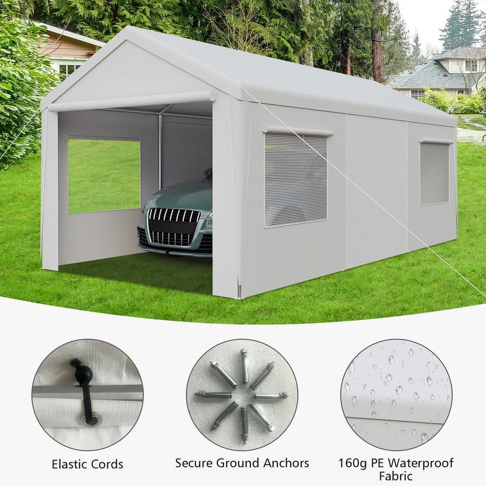 GAZEBETER Carports 13x20 ft Heavy Duty,Portable Carport Garage with Removable Sidewalls and Door,Outdoor Canopy Carport,White