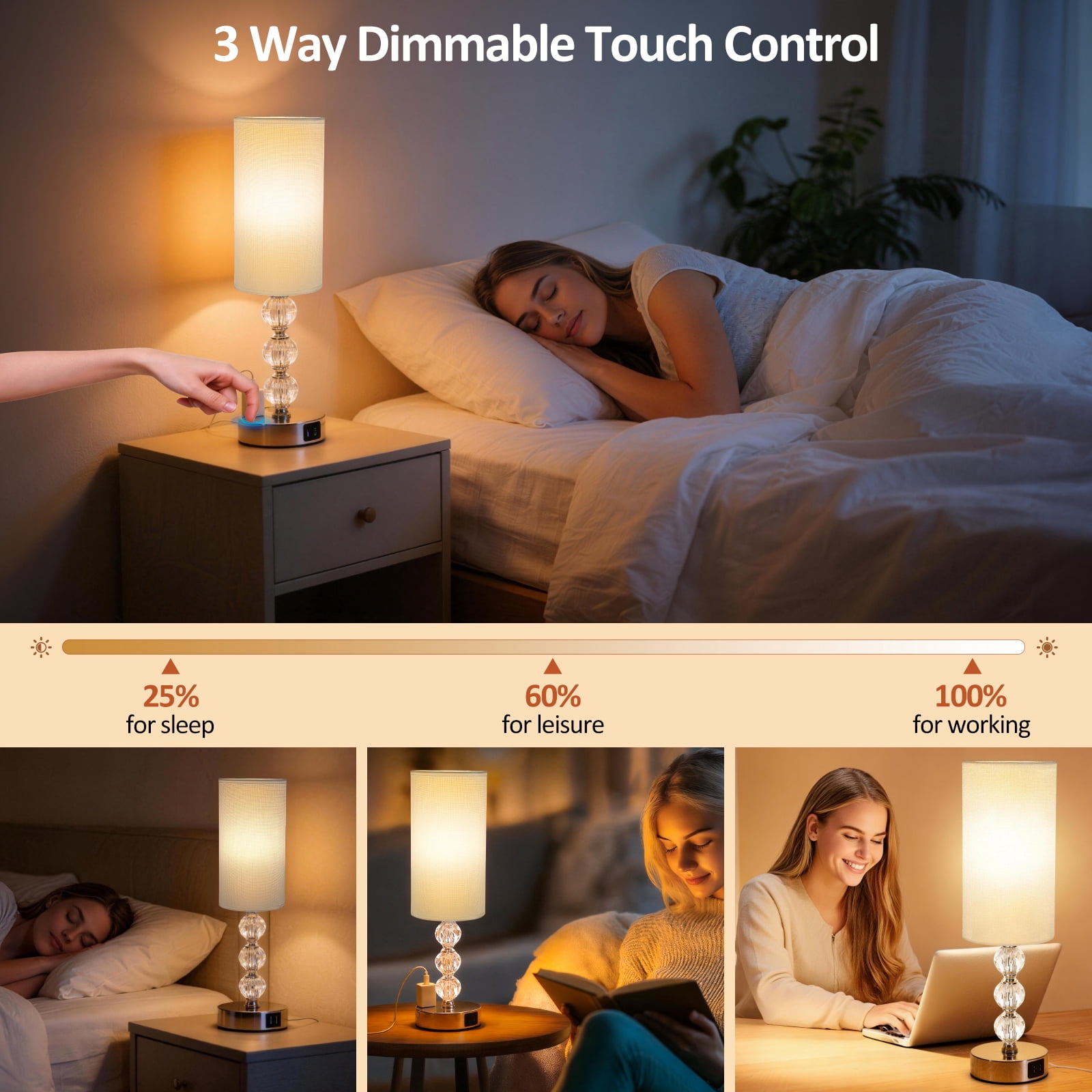 Crystal Table Lamps for Bedroom 17.9", 3 Way Dimmable Touch Control Bedside Lamp with USB C+A Fast Charging Ports, Nightstand Lamp for Office, Living Room, Reading(E26 Light Bulb Included), White
