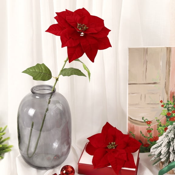 YIMWNYI 2-Pack Christmas Poinsettia Artificial Flowers, Plastic Silk Single-Head Decor, No-Maintenance Vase Arrangements, Festive Tree/Wreath Decor, Indoor/Outdoor Home Decor