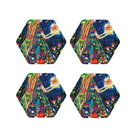 

Tideii Colorful Floral Forest Fairy for Leather Coasters 4 Pieces Anti-fouling and Anti-scalding Decorative Coasters Suitable for Restaurants Kitchens Coffee Shops-Hexagon