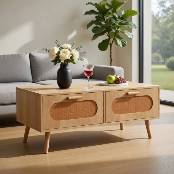 Yardi Yard Rattan Coffee Table Mid Century Modern Center Table with 2 Storage Drawers-Natural