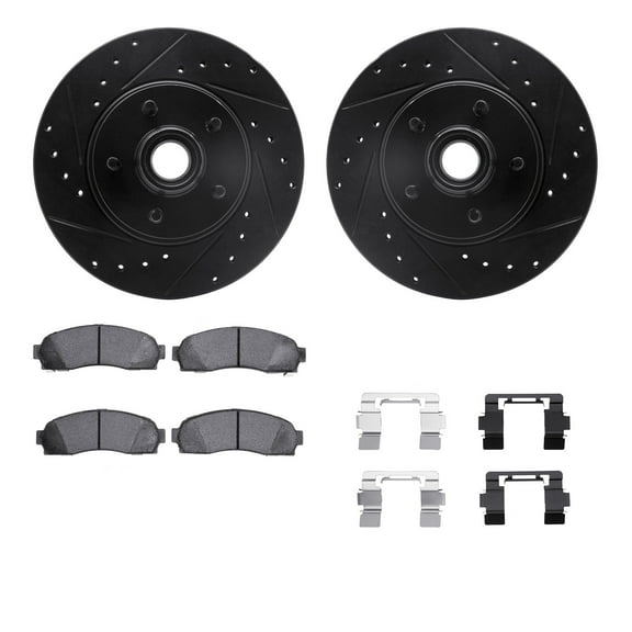 Dynamic Friction Company Front Brake Rotors-Drilled and Slotted-Black with Heavy Duty Brake Pads includes Hardware 8212-99124