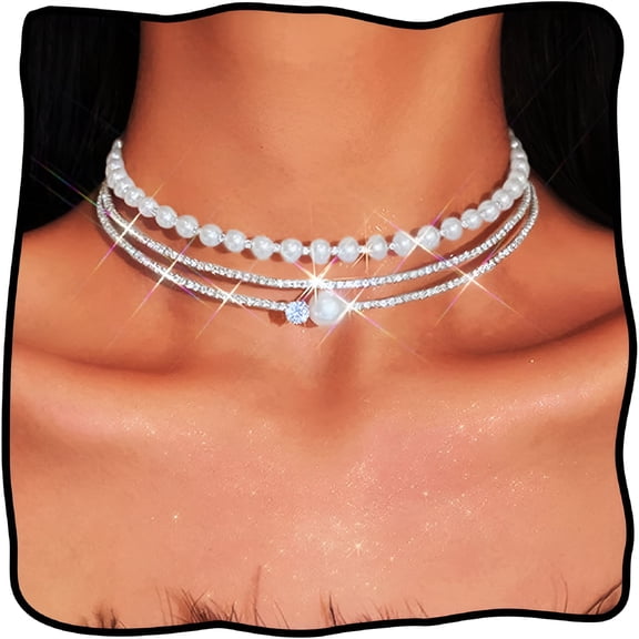 DESIGNICE Layered Pearl Rhinestone Choker Necklace Silver Crystal Jewelry for Women
