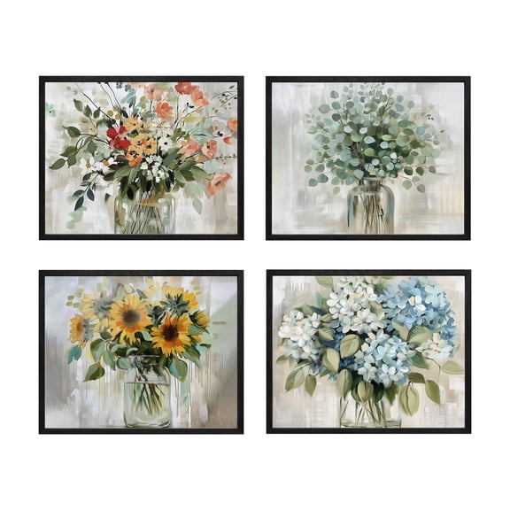Floral Wall Decor 4 Panel 8x10 Framed Wall Art Flower Arrangement Bouquet Rustic Botanical Watercolor Framed Print Pictures for Bedroom Wall Decor