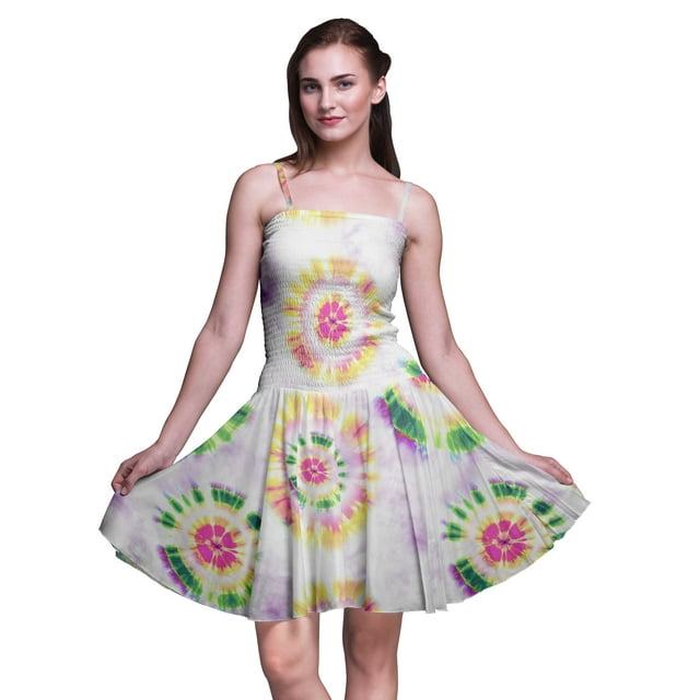 Bimba Robe d'Été Sans Manches Mini Fluide Teinture sur Nœuds pour Femme, Robe Soleil à Imprimé Floral - Très Petit