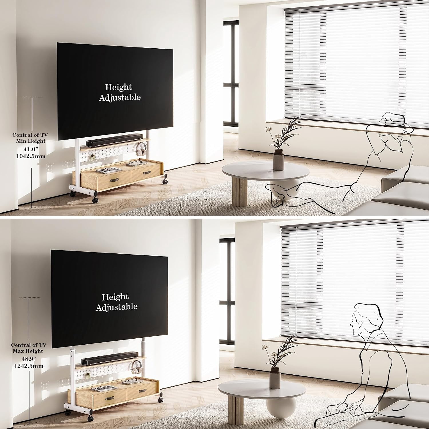 FITUEYES Rolling TV Stand for 70–100 Inch TVs, White, Wood Shelf & Pegboard