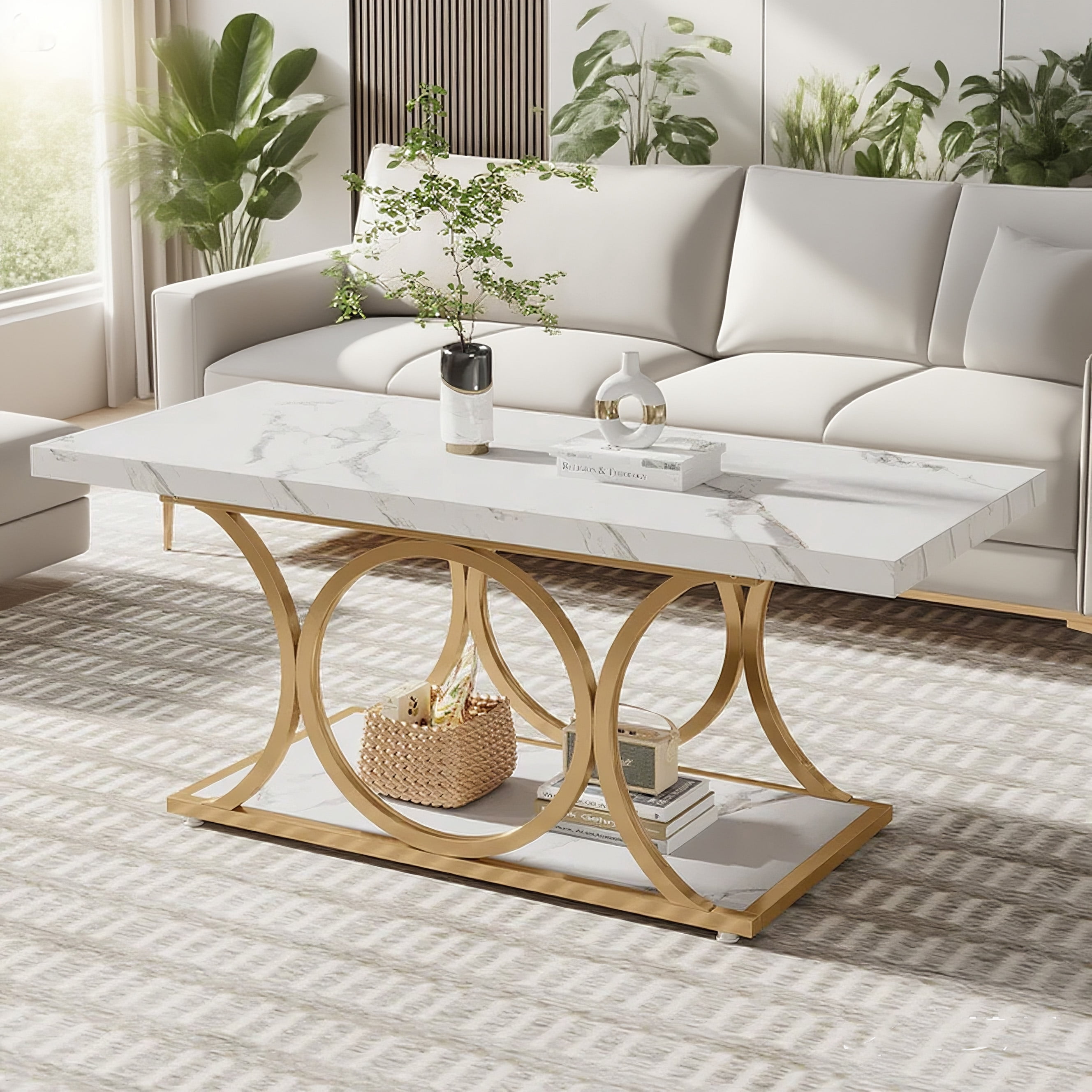 Rectangle Coffee Table 47.24", Modern 2-Tier Center Table with Faux Marble Top & Gold Metal Legs, Sturdy Living Room Coffee Table