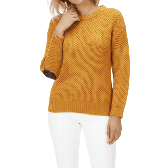 Yemak Women's Long Sleeve Honeycomb Stitch Sweater Top with Leather Patches MK3354-BRZ-S-BD