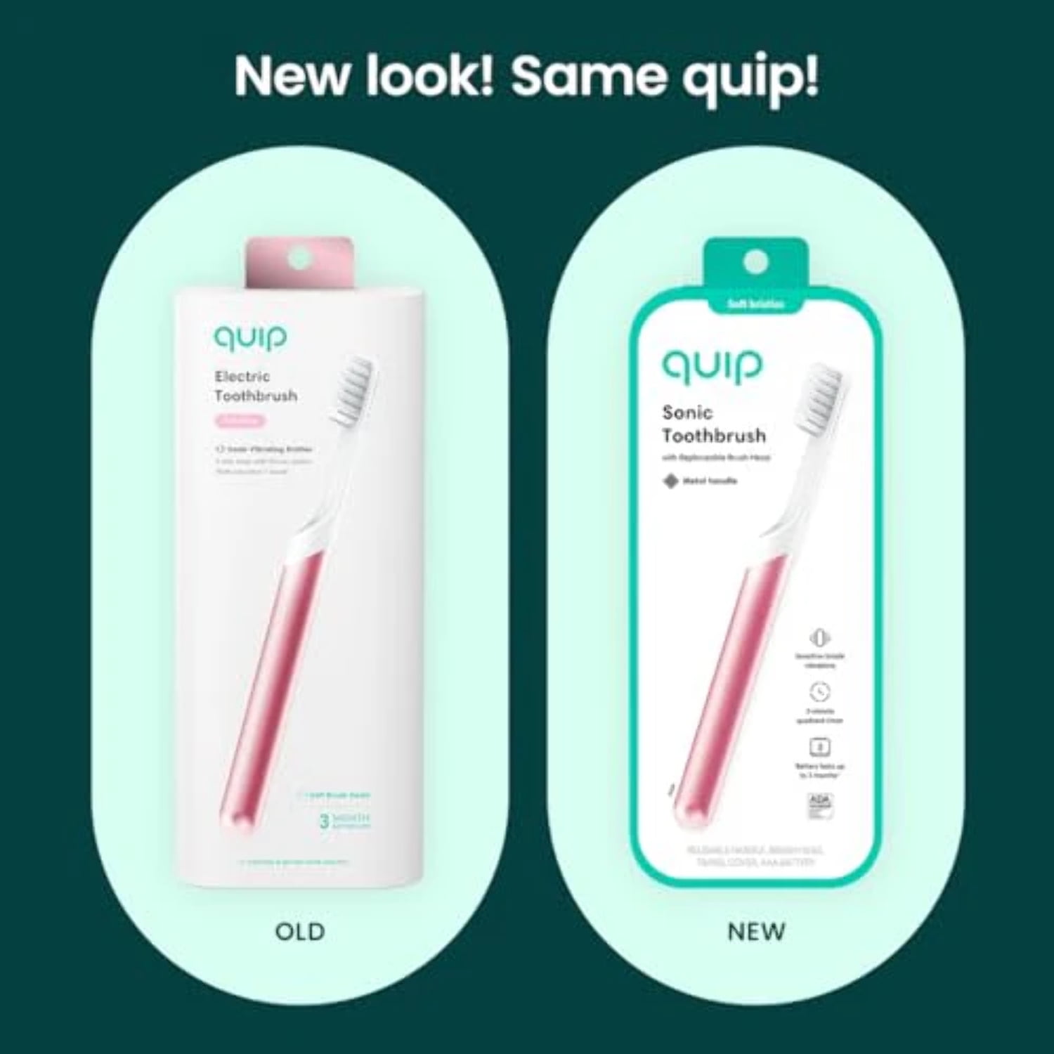 Quip Sonic Toothbrush for Adults, Timed Electric Brush with Soft Bristles, Replaceable Head, Pink Metal Handle, Travel Cover