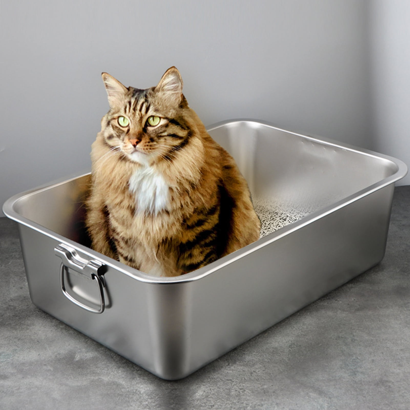 YIFAEUX Rectangle Stainless Steel Cat Litter Box Broken-resistant Low Entry Open Spacious Metal Litter Pan Pet Accessories