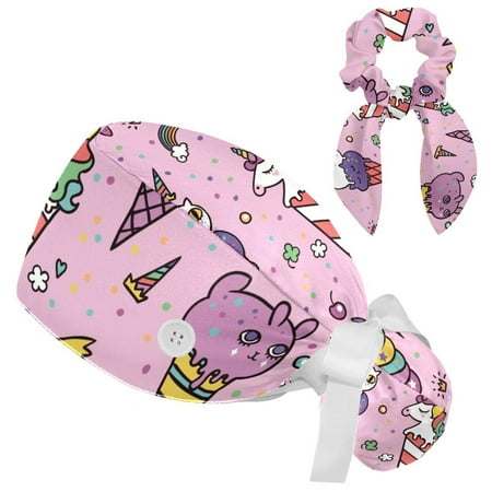 

Working Cap with Buttons and Sweatband Scrub Hat Bouffant Caps with Scrunchie Color Ice Cream Tie Back Hats