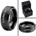 thumbnail image 4 of Tungsten Gamer Typography Writing Band Ring 8mm Men Women Comfort Fit Black Step Bevel Edge Brushed Polished, 4 of 4