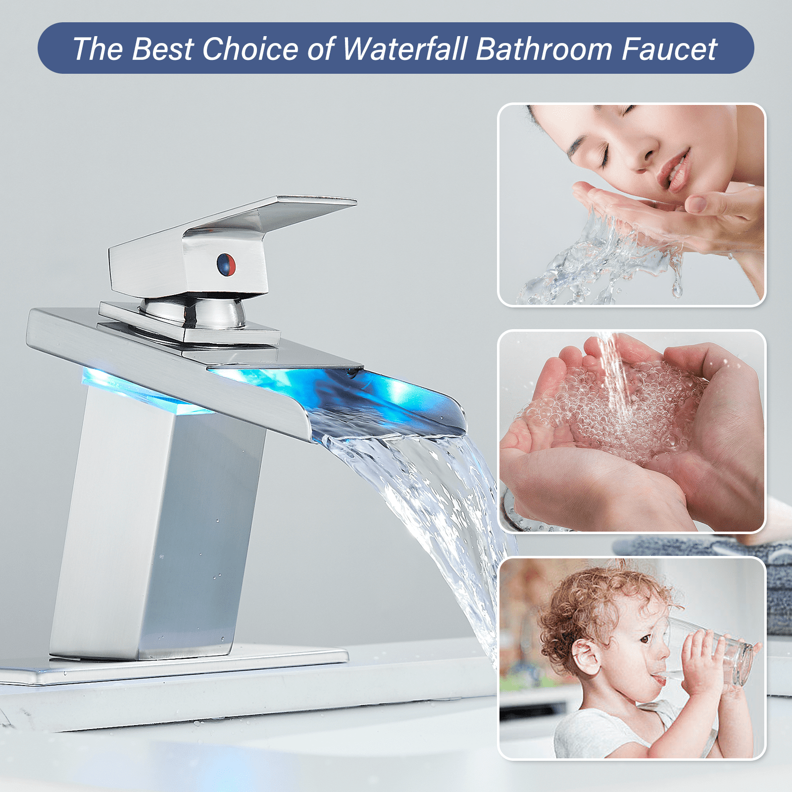 Zovajonia LED Waterfall Bathroom Faucet Brushed Nickel Single Handle Basin Sink Mixer Tap