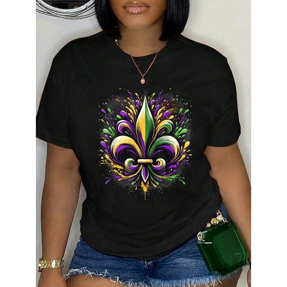100% Cotton Mardi Gras Paint Splatter Fleur De Lis Festive New Orleans T-Shirt Print Round Neck Cotton T-Shirt, Summer Women's Tops, gift